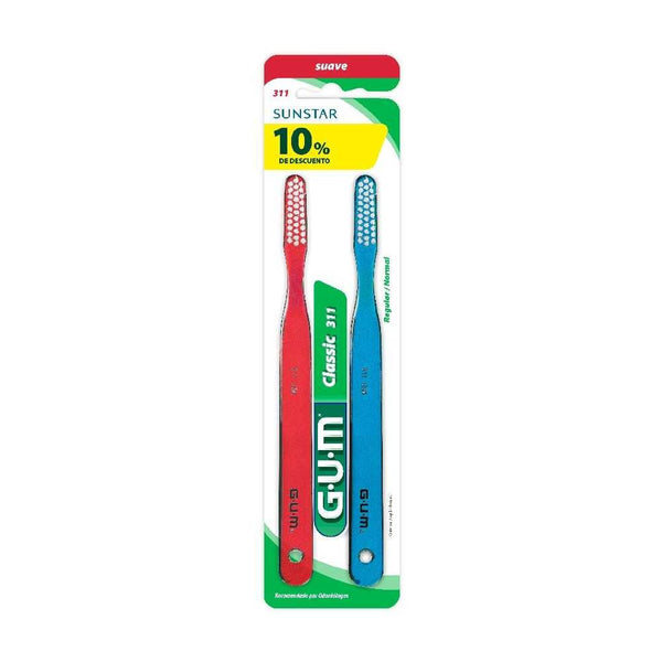 Gum Classic 311 Flat Soft Toothbrush with 3 Rows, 2 Units Ea. - Comfort Grip & Gum Stimulation