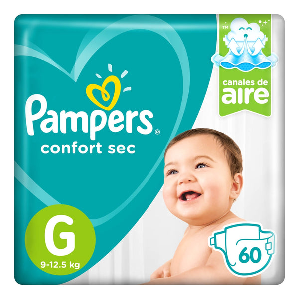 Pampers Comfort Diapers Sec G (60 Units) - Air Channels, Soft and Flexible, Wetness Indicator, Absorbent Core, Stretchy Sides, Elastic Waistband, Breathable Back Sheet, Hypoallergenic & Unscented